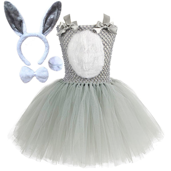 Cute Rabbit Dress Girls Kids Gray Bunny Cosplay Costume Toddler Girls Easter Halloween Fancy Dress Child Birthday Clothes Outfit