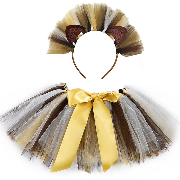 1-12 Years Lion Tutu Skirt for Girls Borwn Zoo Animal Costume with Headband Kids Toddler Fluffy Dance Skirt School Performance