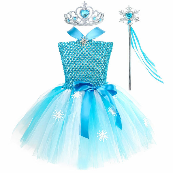 Princess Elsa Costume for Girls Snowflak Queen Birthday Dresses Toddler Kids Christmas Halloween Role Play Children Tutu Outfit