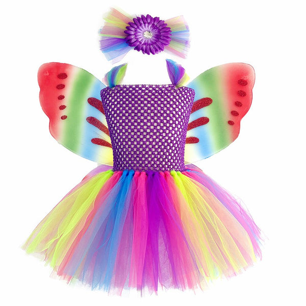 1 Set Butterfly Costume with Rainbow Wing Girls Purple Fairy Dresses Birthday Clothes for Kids Spring Carnival Easter Party