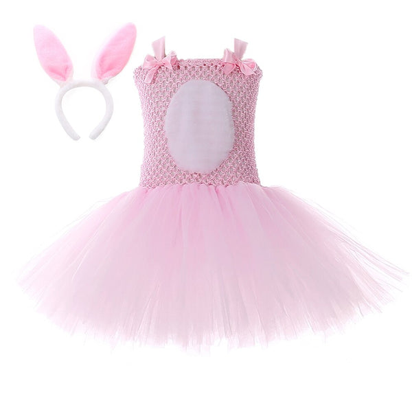 Girls Pink Rabbit Dress 1-12 Years Fluffy Bunny Cosplay Costume for Kid Easter Halloween Little Girls Birthday Party Decoration