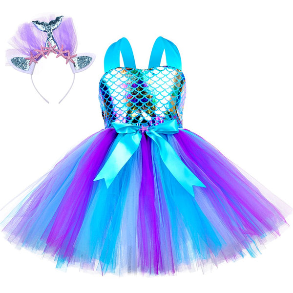 Little Mermaid Dress Girls Princess Tutu Dress Birthday Party Clothes Kids Halloween Carnival Mermaid Cosplay Costume Outfits