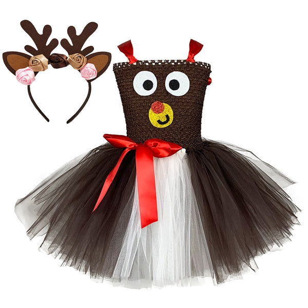 Brown Deer Tutu Dress Girls Christmas Dress Kid Halloween Costume Baby Girl Princess Elk Reindeer Outfits for New Year Carnival