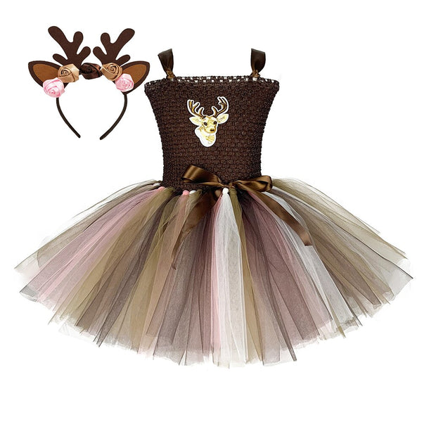 1-12 Years Brown Deer Tutu Dress for Girls Christmas Costume Kids Reindeer Princess Dresses Knee-length Xmas Children Clothes