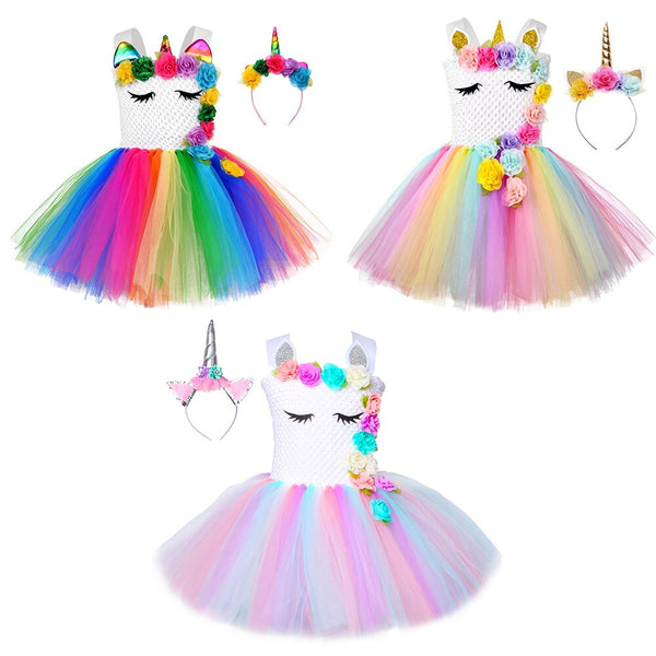 Flower Unicornrn Costume Girls Tutu Dress Kid Birthday Party Dresses 1-12 Years Child Christmas Clothes Set