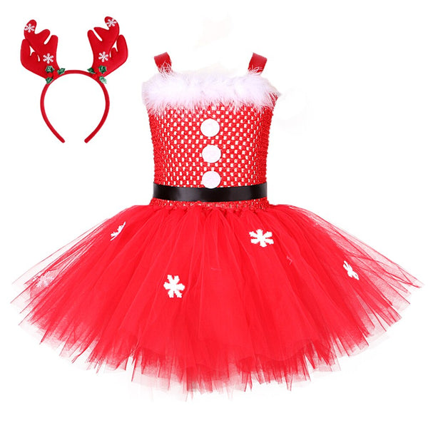 Christmas Red Tutu Dress Girls Snowflake Santa Claus Costume Kids Fluffy Tulle Dresses for New Year Carnival Ball Party Dress Up