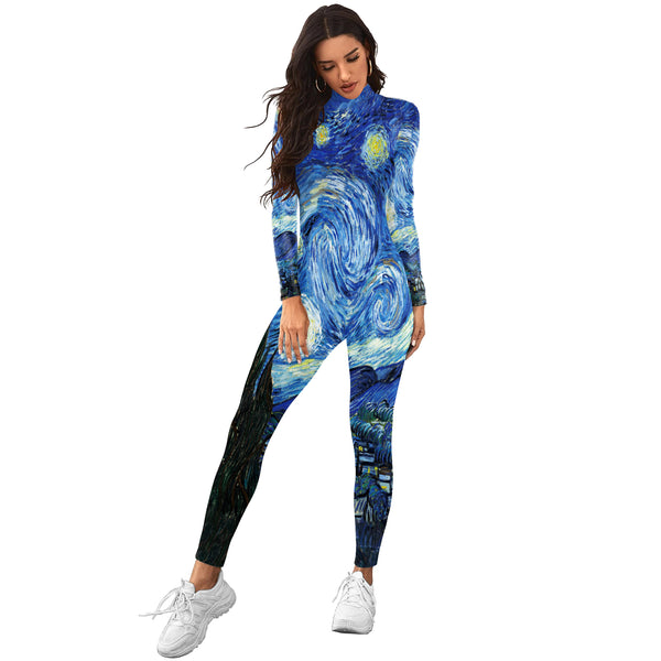 Women Long Sleeve Bodysuits Van Gogh Star and Moon Night Printed Cosplay Costumes Adult Sexy Tight Elastic Clothing Jumpsuits
