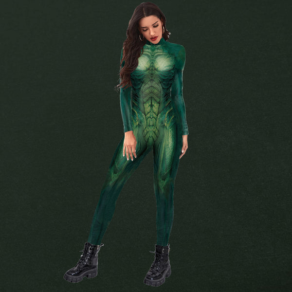 Grüner Alien-Druck-Urlaubsparty-nahtloser Bodysuit-Frauen-Art- und Weisereizvoller Overall-Stretch-Freizeitkleidung-Cosplay-Kostüm-Overall