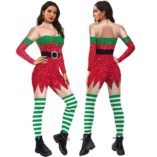 Christmas Red Dress Print Costume Green Stripe Sock Bodysuit Women Festival Cosplay Party Sexy Jumpsuit Prom Performance Clothes