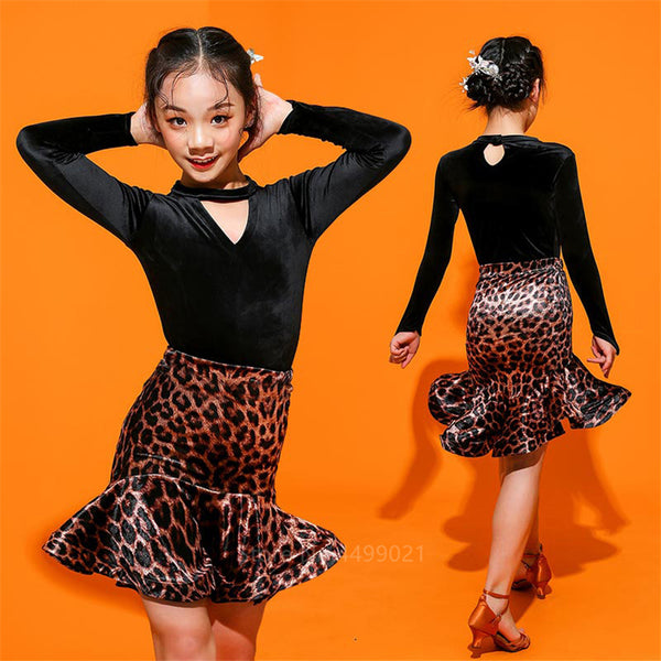 110-180Latin Dance Dress Kids Adult Salsa/Ballroom/Tango/Cha Baby Girl Leopard Vestidos Solid Women Full  Prefessional Costume