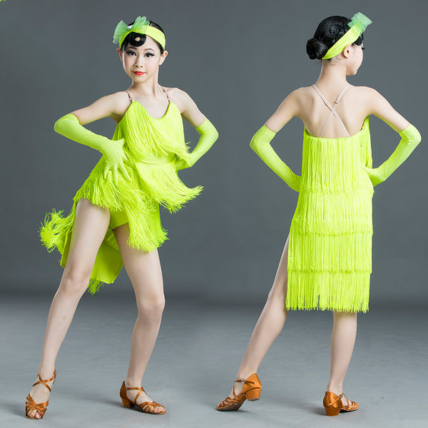 Fluoreszierendes Gelb mit Quasten Lateinisches Tanzkleid für Mädchen mit Fransen, Bühnenballsaal, Aufführung, Kostüm, Übungskleider SL3097