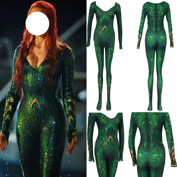 A collection of images featuring a green, shimmering, bodysuit costume with a character in the foreground wearing the costume. There are multiple views of the costume, showcasing the front, side, and back.