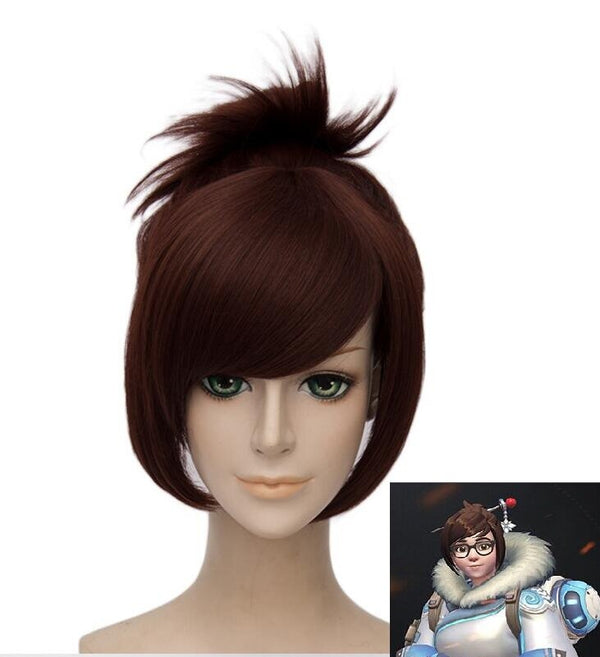 Game OW Meii Cosplay Wig Short Brown Heat Resistant Synthetic Hair Wigs + Wig Cap